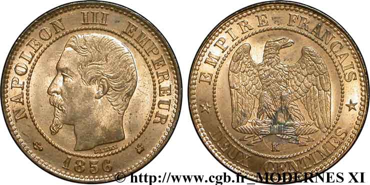 Deux centimes Napoléon III, tête nue 1856 Bordeaux F.107/41 MS63 