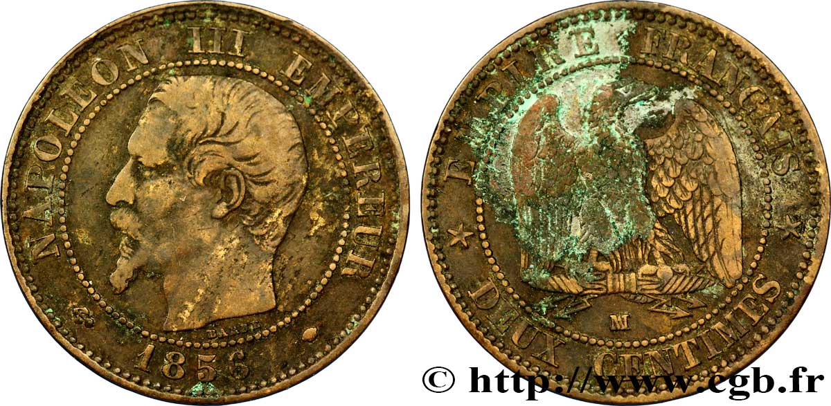 Deux centimes Napoléon III, tête nue 1856 Marseille F.107/42 VF20 