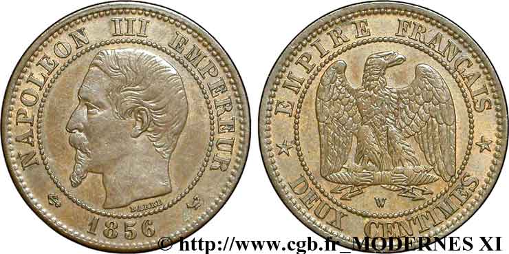 Deux centimes Napoléon III, tête nue 1856 Lille F.107/43 MBC54 