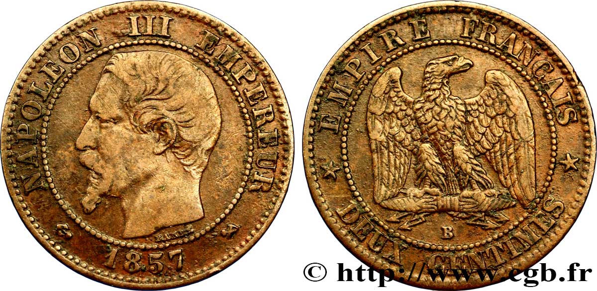 Deux centimes Napoléon III, tête nue 1857 Rouen F.107/45 TB35 