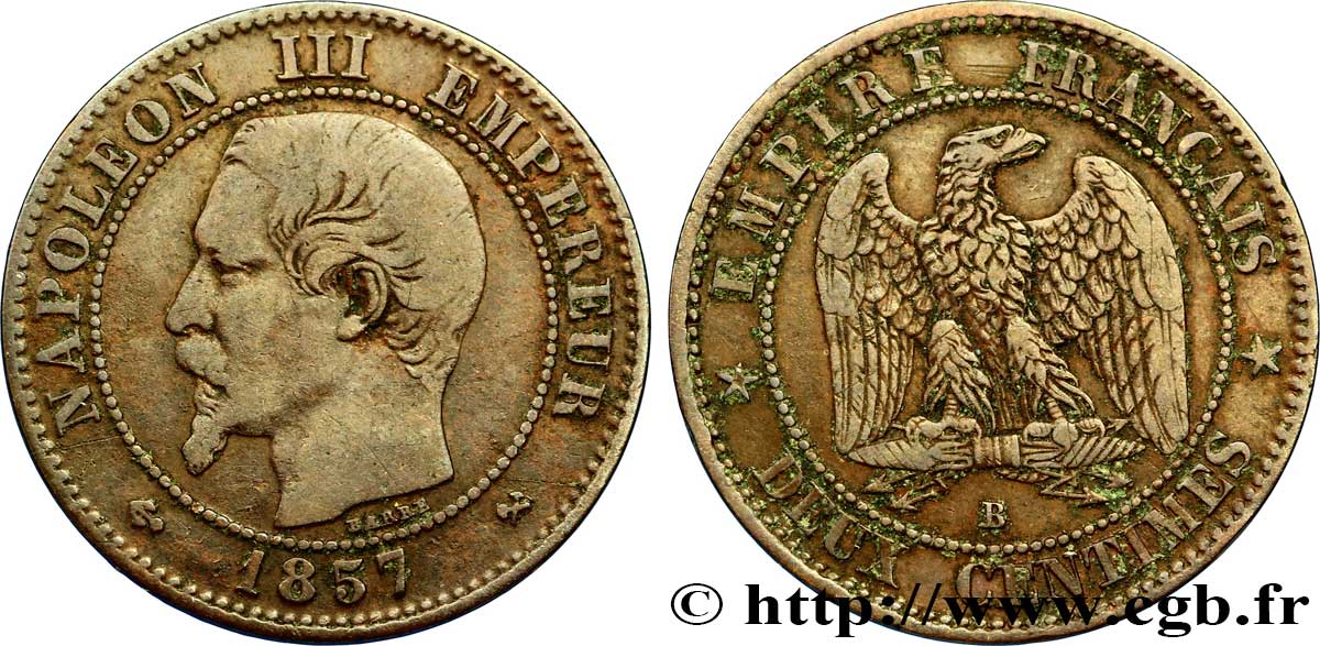 Deux centimes Napoléon III, tête nue 1857 Rouen F.107/45 VF20 