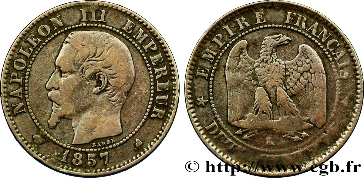 Deux centimes Napoléon III, tête nue 1857 Bordeaux F.107/49 TB20 