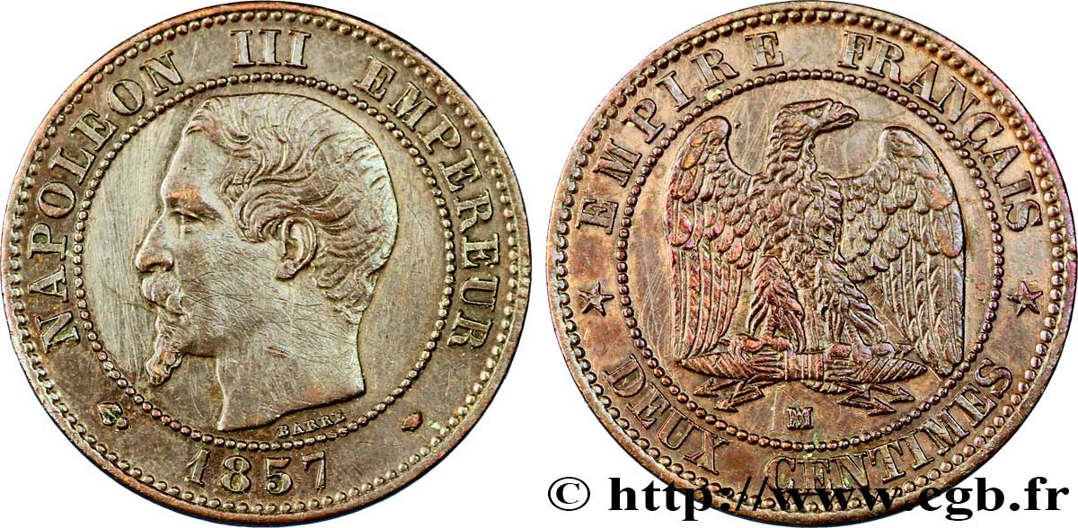 Deux centimes Napoléon III, tête nue 1857 Marseille F.107/50 MB 