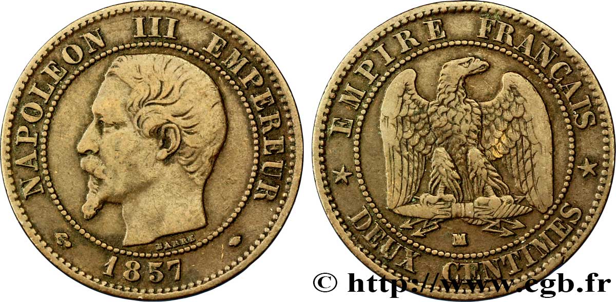 Deux centimes Napoléon III, tête nue 1857 Marseille F.107/50 S35 