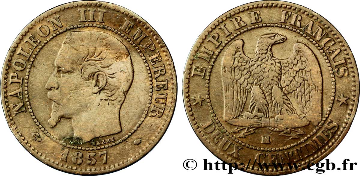 Deux centimes Napoléon III, tête nue 1857 Marseille F.107/50 TB20 