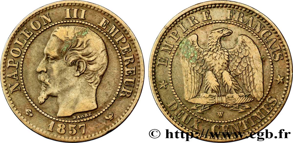 Deux centimes Napoléon III, tête nue 1857 Lille F.107/51 TB35 