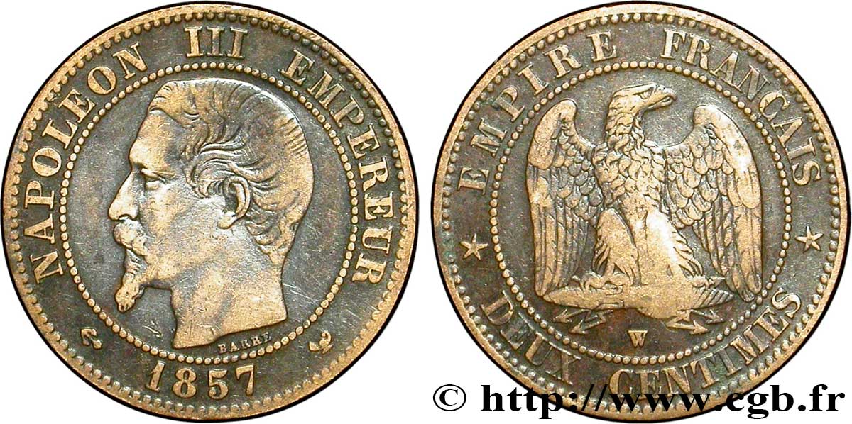 Deux centimes Napoléon III, tête nue 1857 Lille F.107/51 VF20 