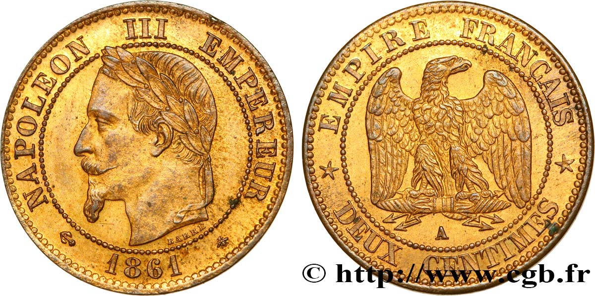 Deux centimes Napoléon III, tête laurée, buste définitif 1861 Paris F.108A/1 VZ58 