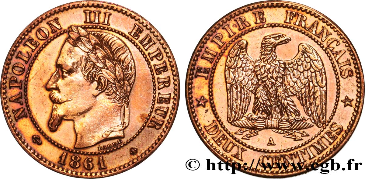Deux centimes Napoléon III, tête laurée 1861 Paris F.108A/1 XF 