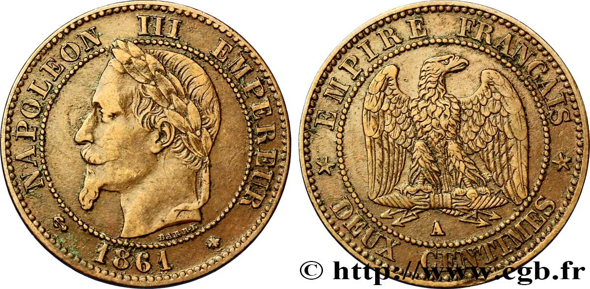 Deux centimes Napoléon III, tête laurée 1861 Paris F.108A/1 TTB40 