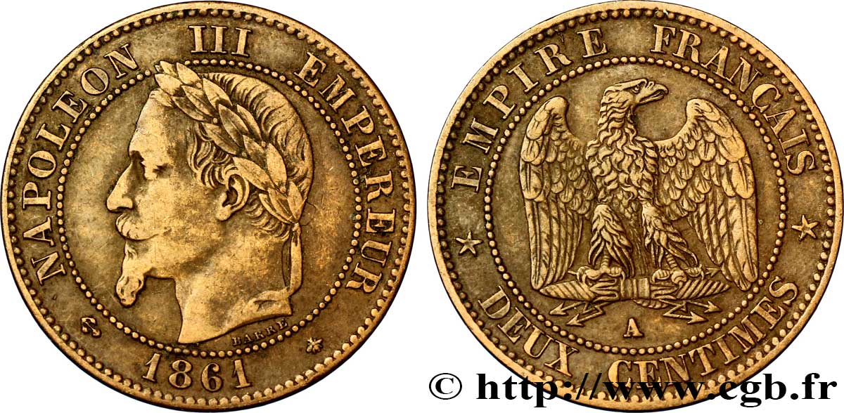 Deux centimes Napoléon III, tête laurée 1861 Paris F.108A/1 TB35 