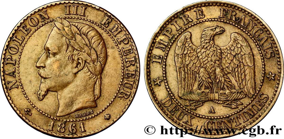 Deux centimes Napoléon III, tête laurée 1861 Paris F.108/1 TTB40 