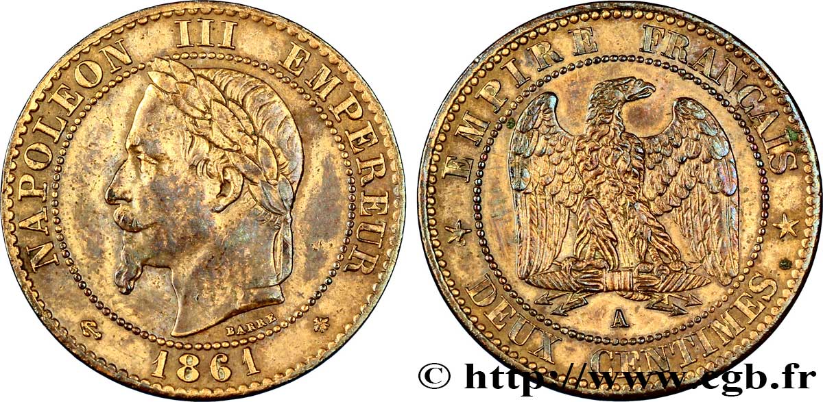 Deux centimes Napoléon III, tête laurée 1861 Paris F.108/1 TB35 