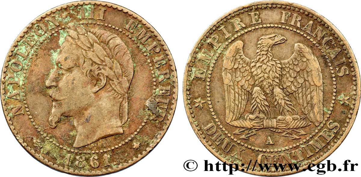 Deux centimes Napoléon III, tête laurée 1861 Paris F.108/1 MB20 
