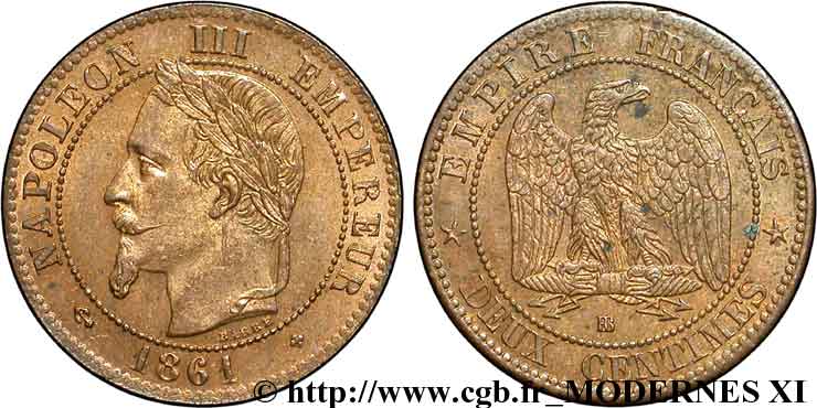 Deux centimes Napoléon III, tête laurée 1861 Strasbourg F.108A/2 SUP62 