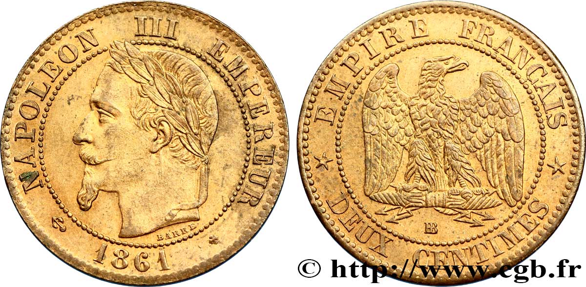 Deux centimes Napoléon III, tête laurée, buste définitif 1861 Strasbourg F.108A/2 SPL60 