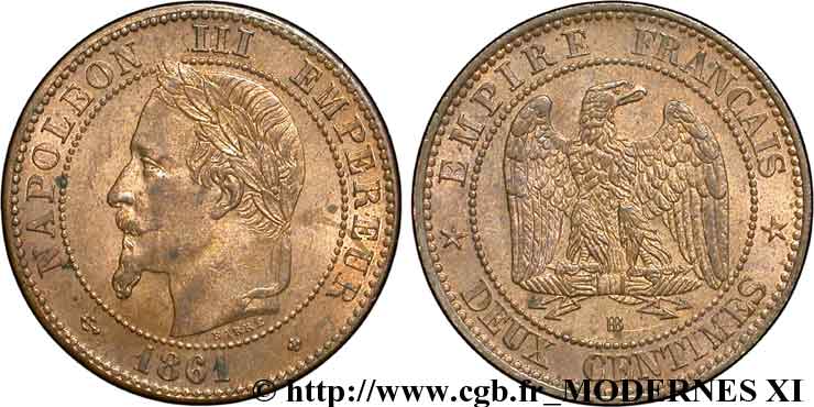 Deux centimes Napoléon III, tête laurée 1861 Strasbourg F.108A/2 VZ58 