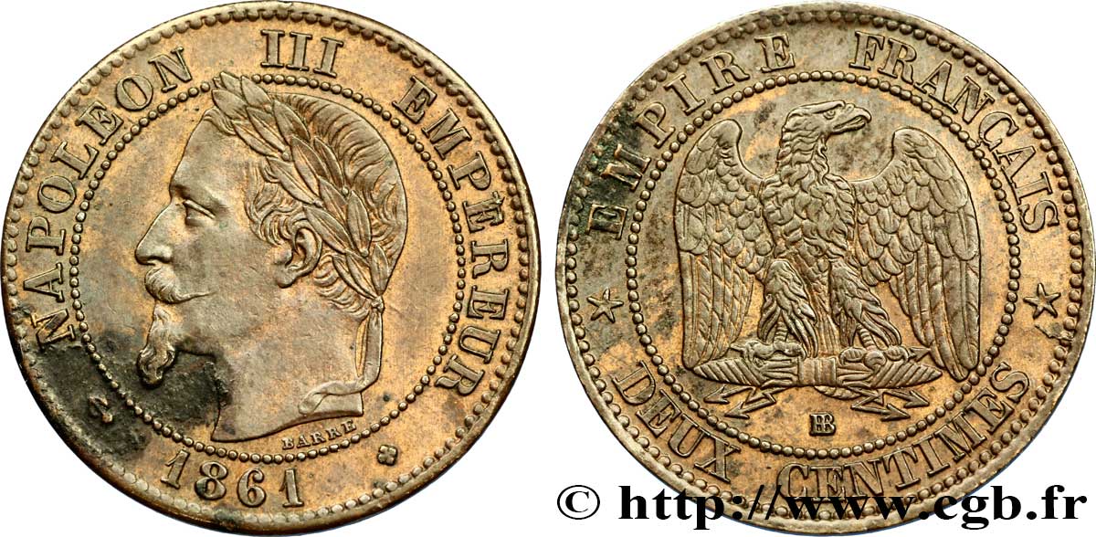 Deux centimes Napoléon III, tête laurée 1861 Strasbourg F.108A/2 SUP55 
