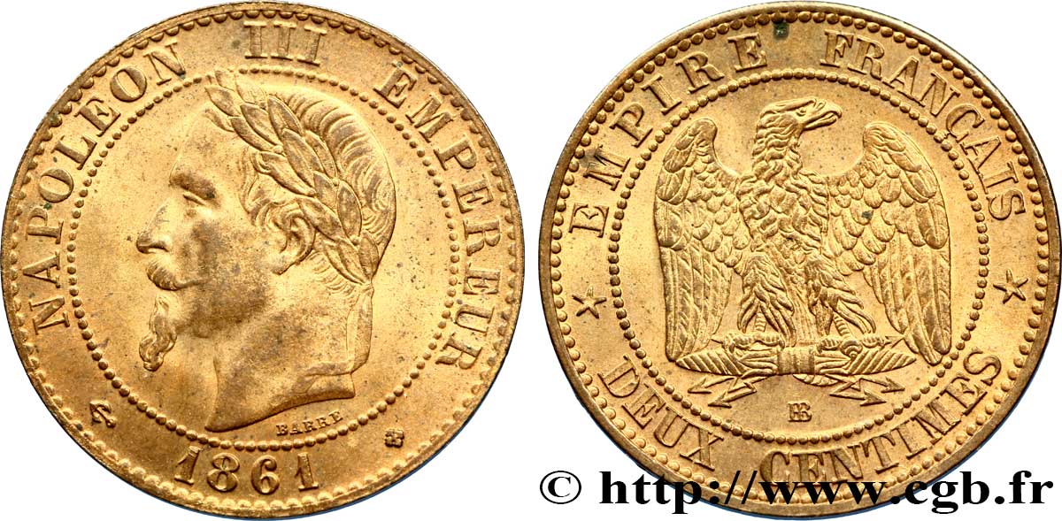 Deux centimes Napoléon III, tête laurée, buste provisoire 1861 Strasbourg F.108/2 EBC60 