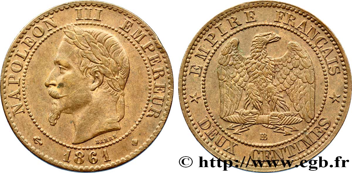 Deux centimes Napoléon III, tête laurée 1861 Strasbourg F.108/2 SUP55 