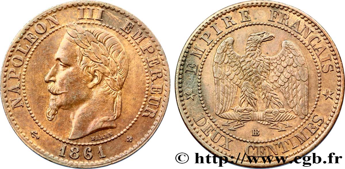 Deux centimes Napoléon III, tête laurée, buste provisoire 1861 Strasbourg F.108/2 BB54 