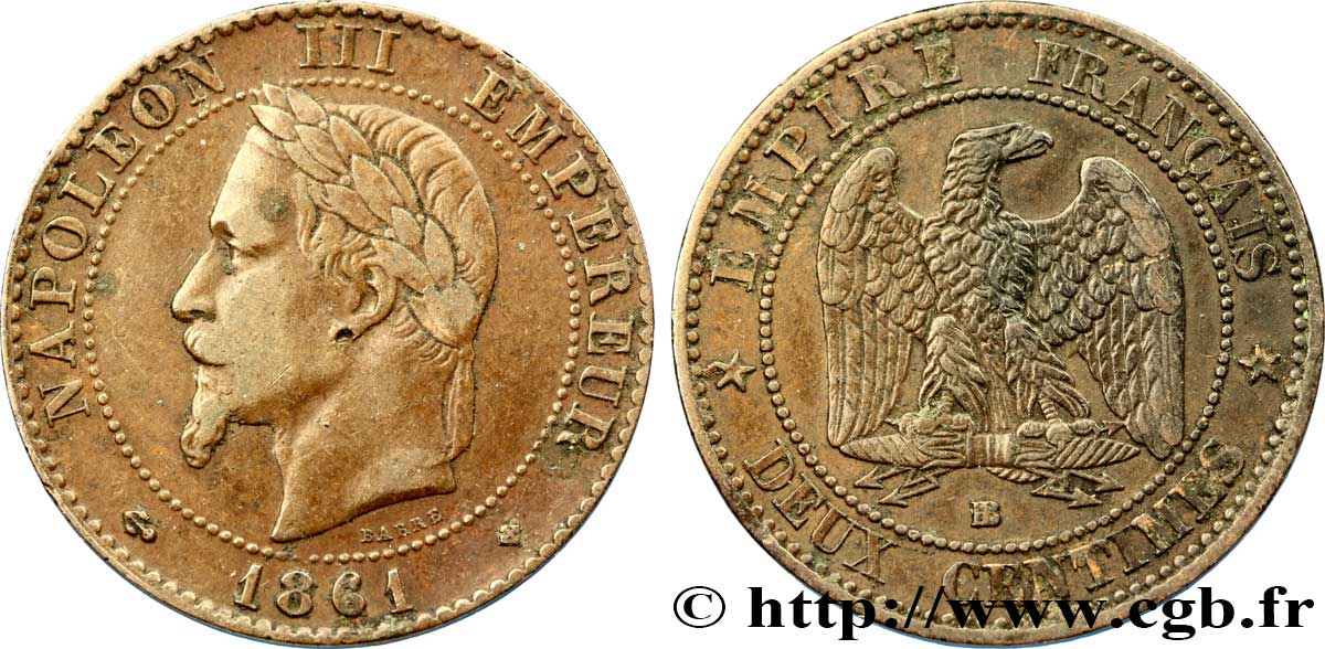 Deux centimes Napoléon III, tête laurée 1861 Strasbourg F.108/2 XF40 