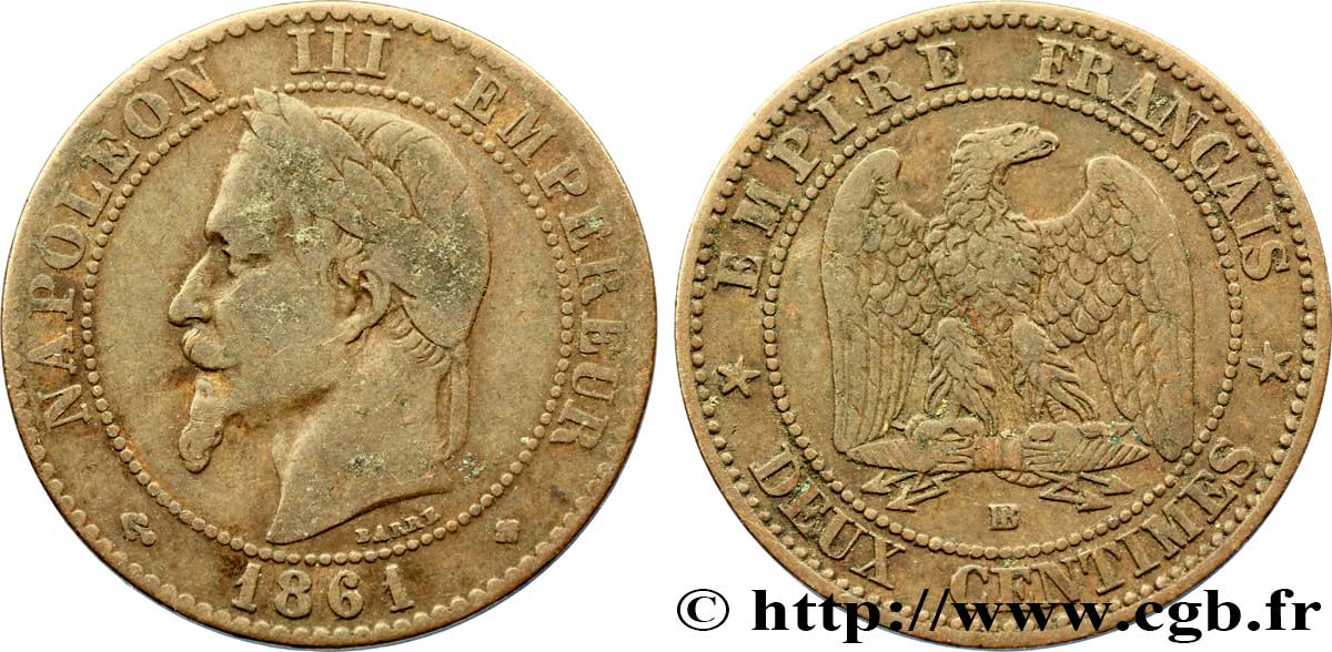 Deux centimes Napoléon III, tête laurée 1861 Strasbourg F.108/2 BC35 