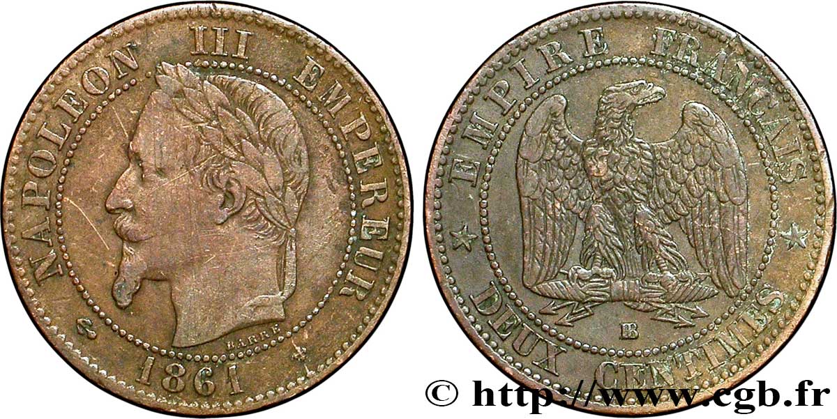 Deux centimes Napoléon III, tête laurée 1861 Strasbourg F.108A/2 TB35 