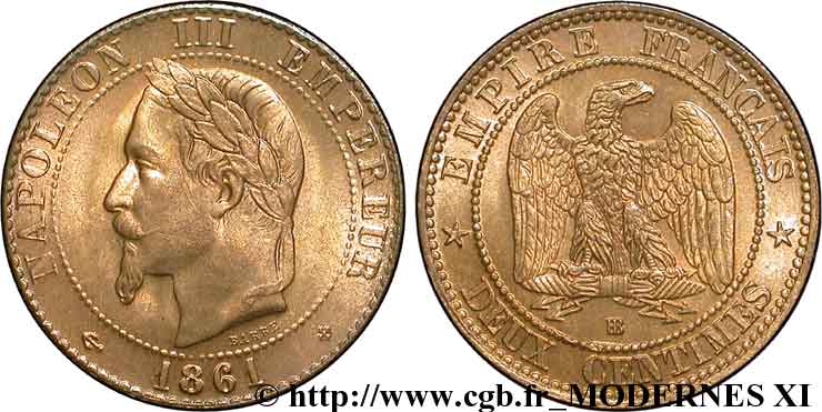 Deux centimes Napoléon III, tête laurée, buste provisoire 1861 Strasbourg F.108/2 SC63 