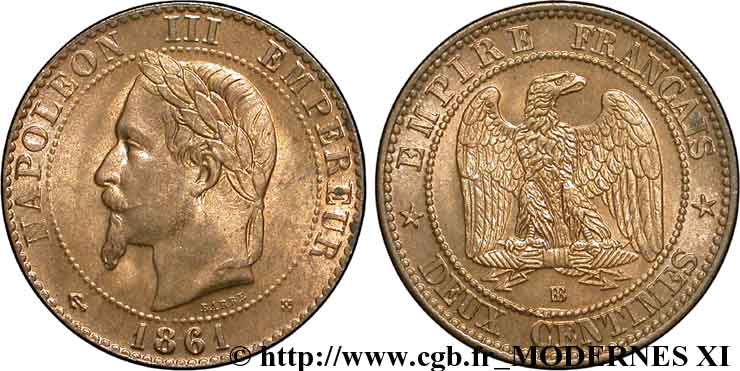 Deux centimes Napoléon III, tête laurée, buste provisoire 1861 Strasbourg F.108/2 SUP62 