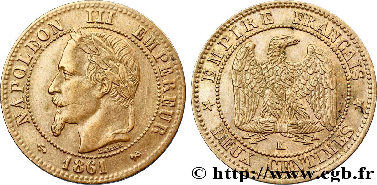 Deux centimes Napoléon III, tête laurée 1861 Bordeaux F.108A/3 VZ55 