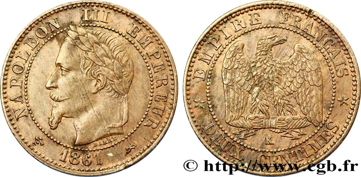 Deux centimes Napoléon III, tête laurée, buste définitif 1861 Bordeaux F.108A/3 TTB54 