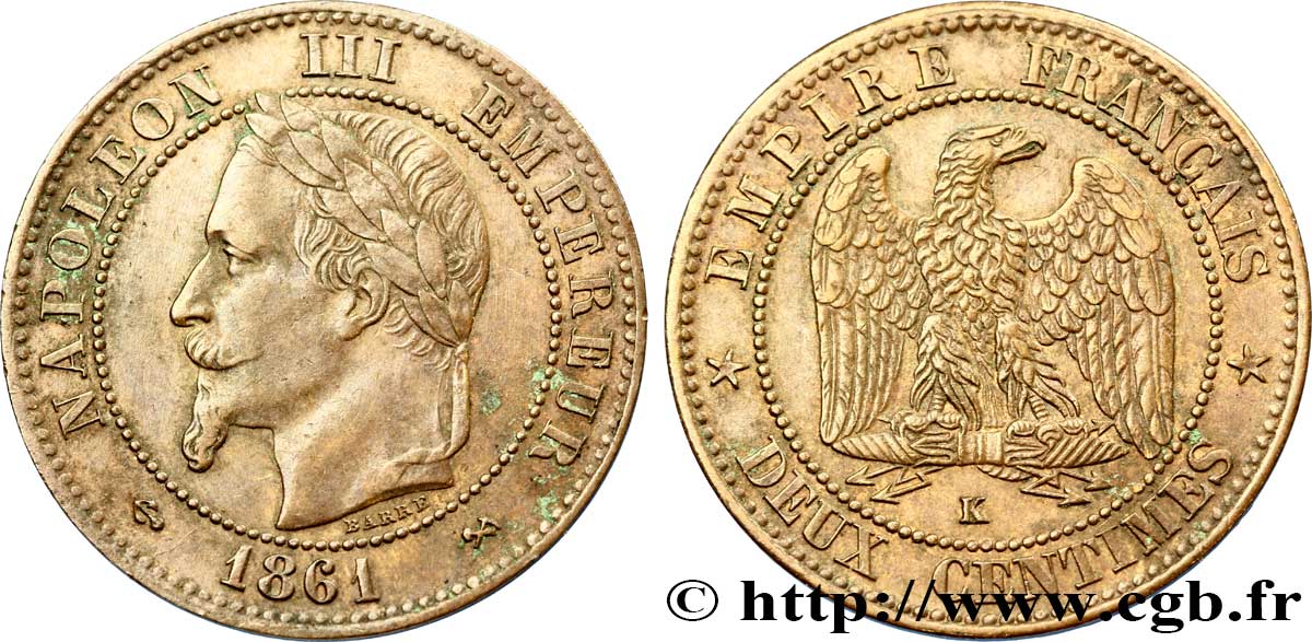 Deux centimes Napoléon III, tête laurée 1861 Bordeaux F.108A/3 XF48 