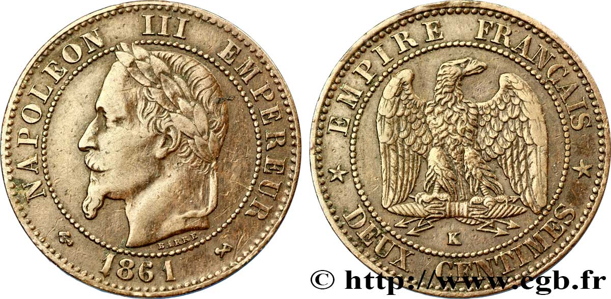Deux centimes Napoléon III, tête laurée 1861 Bordeaux F.108A/3 MBC40 