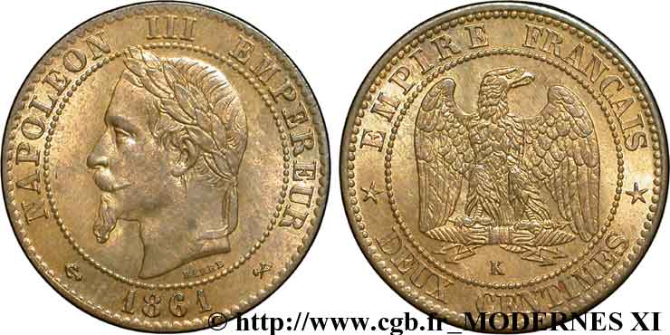 Deux centimes Napoléon III, tête laurée, buste provisoire 1861 Bordeaux F.108/3 EBC60 