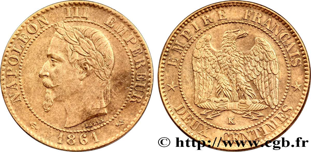 Deux centimes Napoléon III, tête laurée 1861 Bordeaux F.108/3 TTB54 