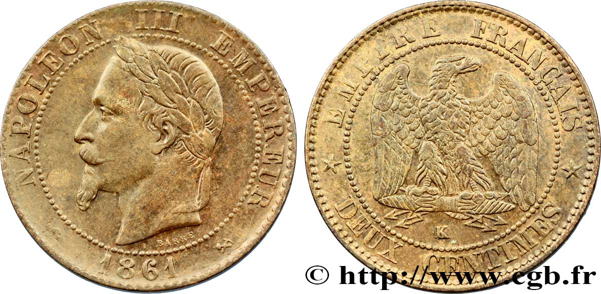 Deux centimes Napoléon III, tête laurée, buste provisoire 1861 Bordeaux F.108/3 TTB48 