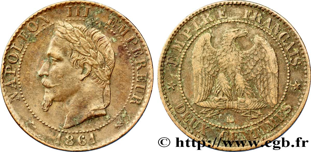 Deux centimes Napoléon III, tête laurée 1861 Bordeaux F.108/3 MB35 