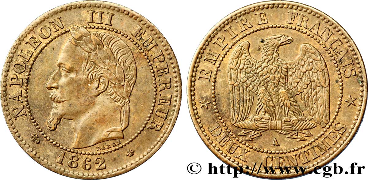 Deux centimes Napoléon III, tête laurée 1862 Paris F.108A/4 SPL55 