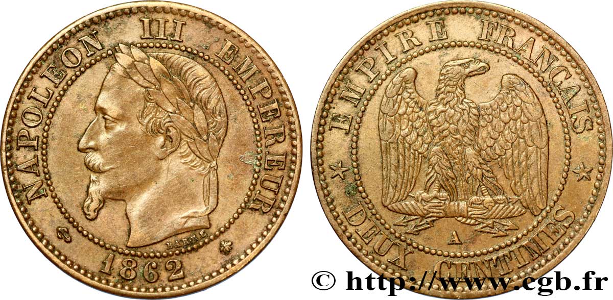 Deux centimes Napoléon III, tête laurée 1862 Paris F.108A/4 BB48 