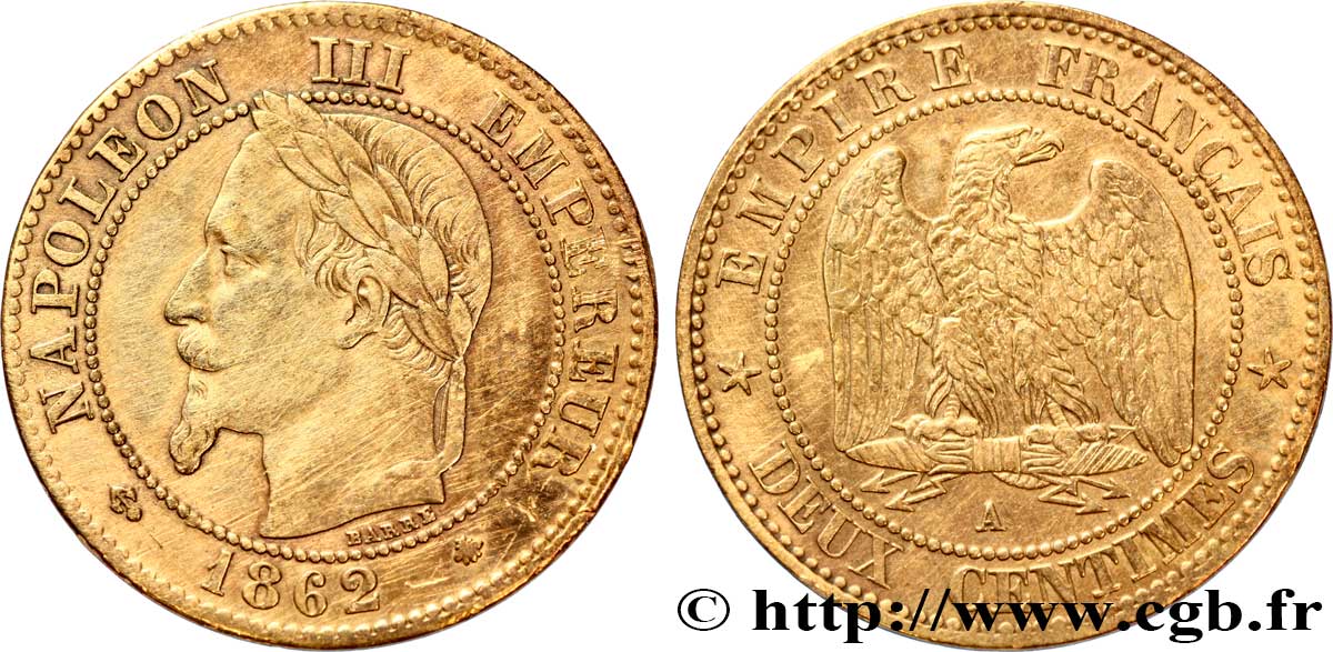 Deux centimes Napoléon III, tête laurée 1862 Paris F.108A/4 TTB 