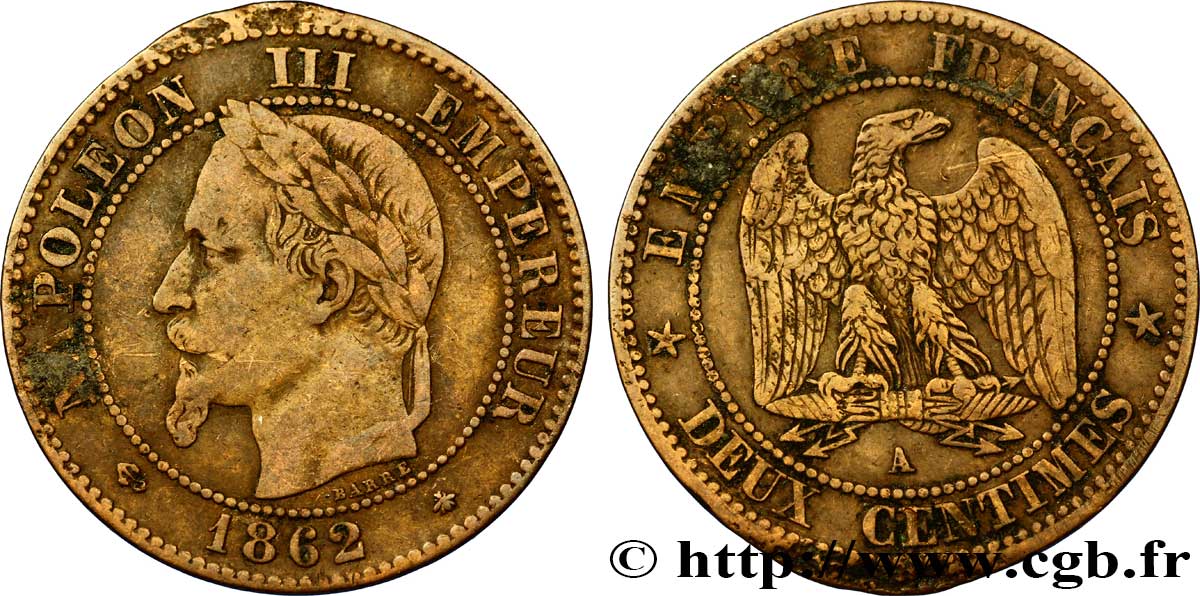 Deux centimes Napoléon III, tête laurée 1862 Paris F.108A/4 TB20 