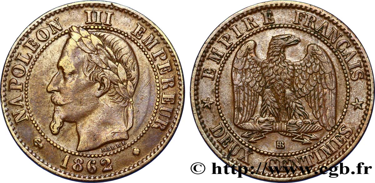 Deux centimes Napoléon III, tête laurée, buste définitif 1862 Strasbourg F.108A/5 TTB40 