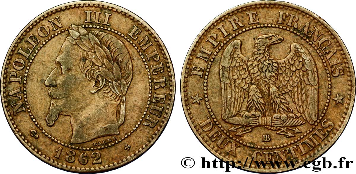 Deux centimes Napoléon III, tête laurée 1862 Strasbourg F.108A/5 TB35 