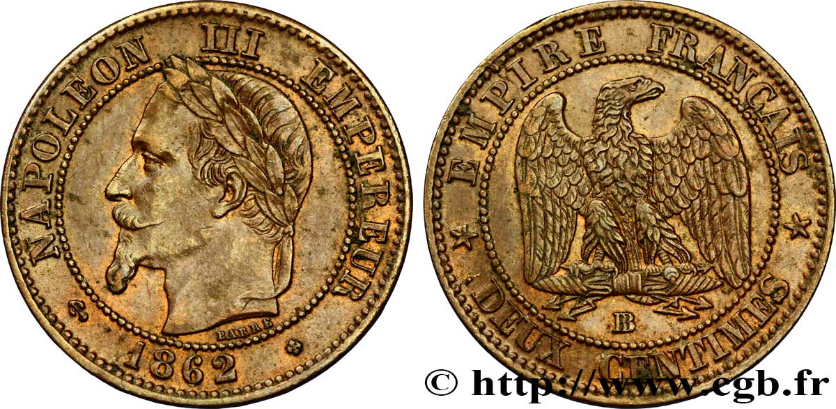 Deux centimes Napoléon III, tête laurée, buste définitif 1862 Strasbourg F.108A/6 BB54 