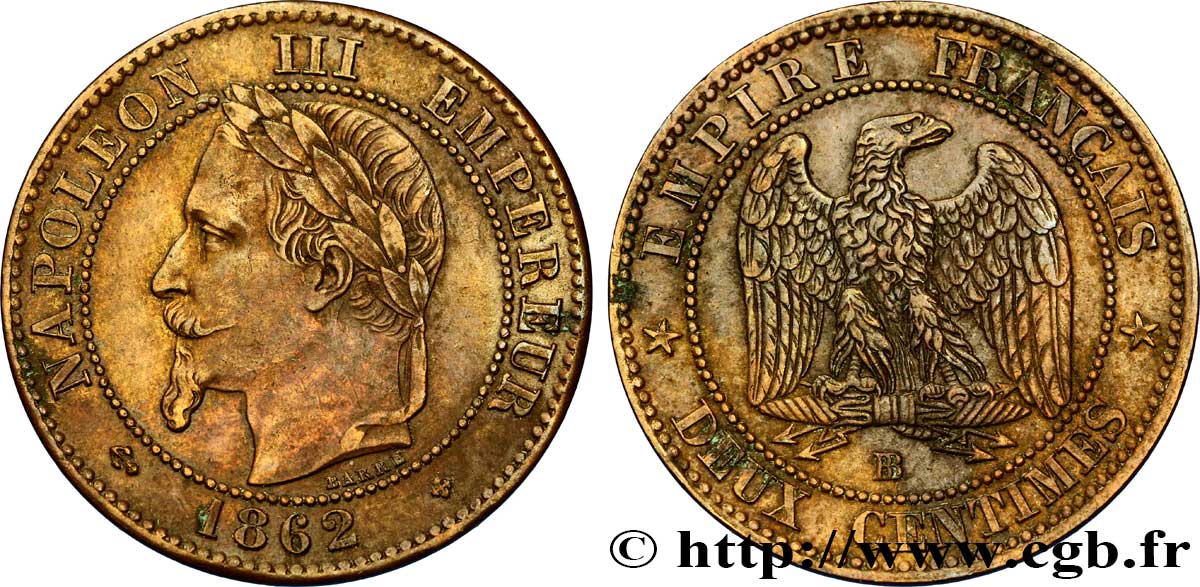 Deux centimes Napoléon III, tête laurée 1862 Strasbourg F.108A/6 XF48 