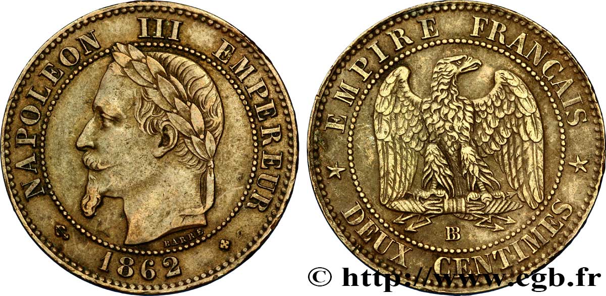Deux centimes Napoléon III, tête laurée 1862 Strasbourg F.108A/6 SS40 
