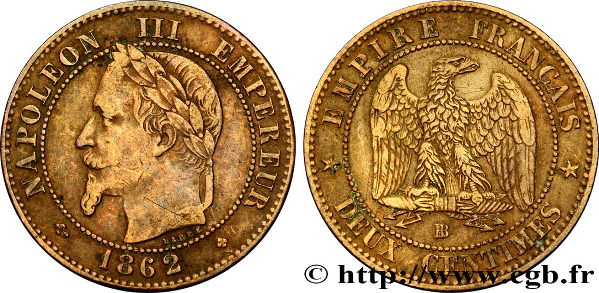 Deux centimes Napoléon III, tête laurée 1862 Strasbourg F.108A/6 BC35 