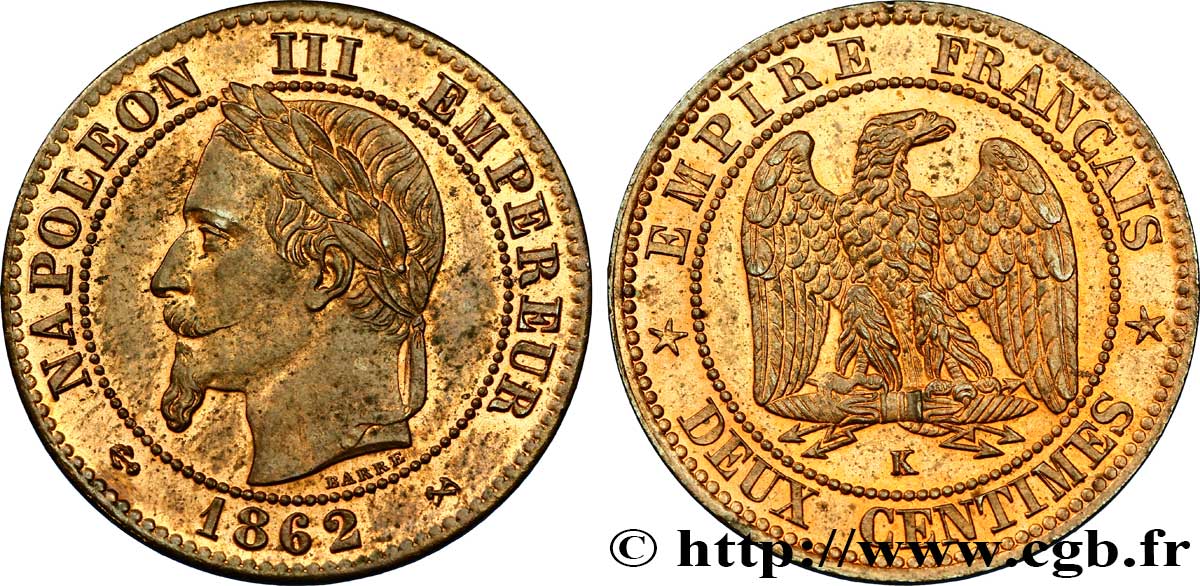 Deux centimes Napoléon III, tête laurée, buste définitif 1862 Bordeaux F.108A/7 EBC60 