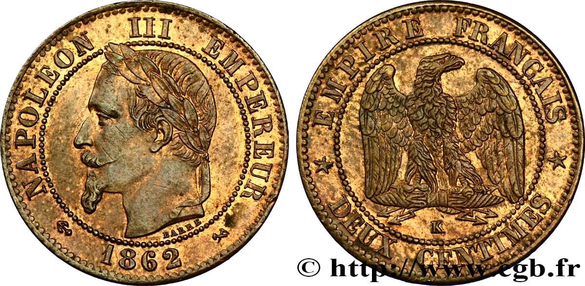 Deux centimes Napoléon III, tête laurée, buste définitif 1862 Bordeaux F.108A/7 SPL58 